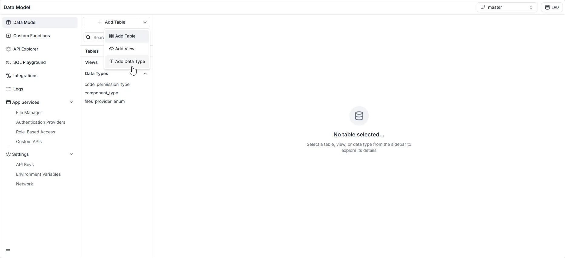 Add Data Type button and modal