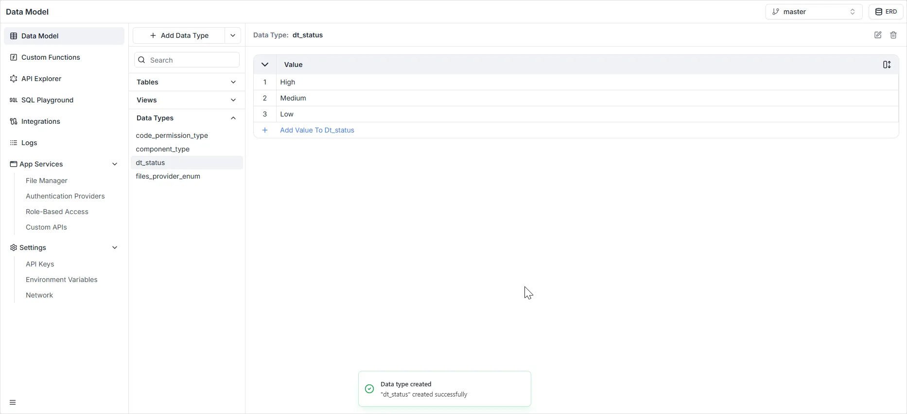 Data Type enum values configuration