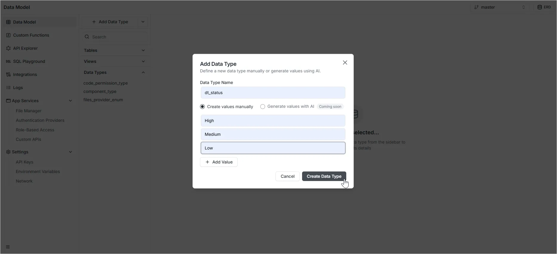 Data Type sidebar listing
