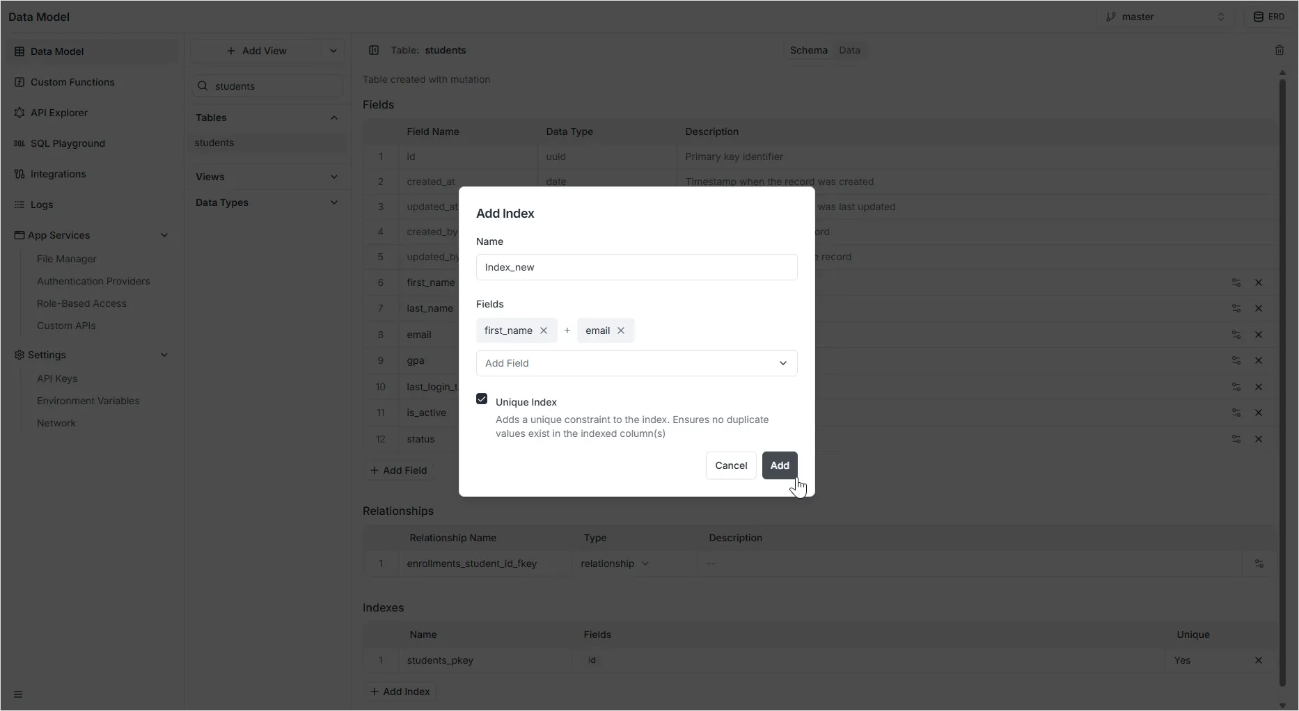 Index configuration with field selection and unique option
