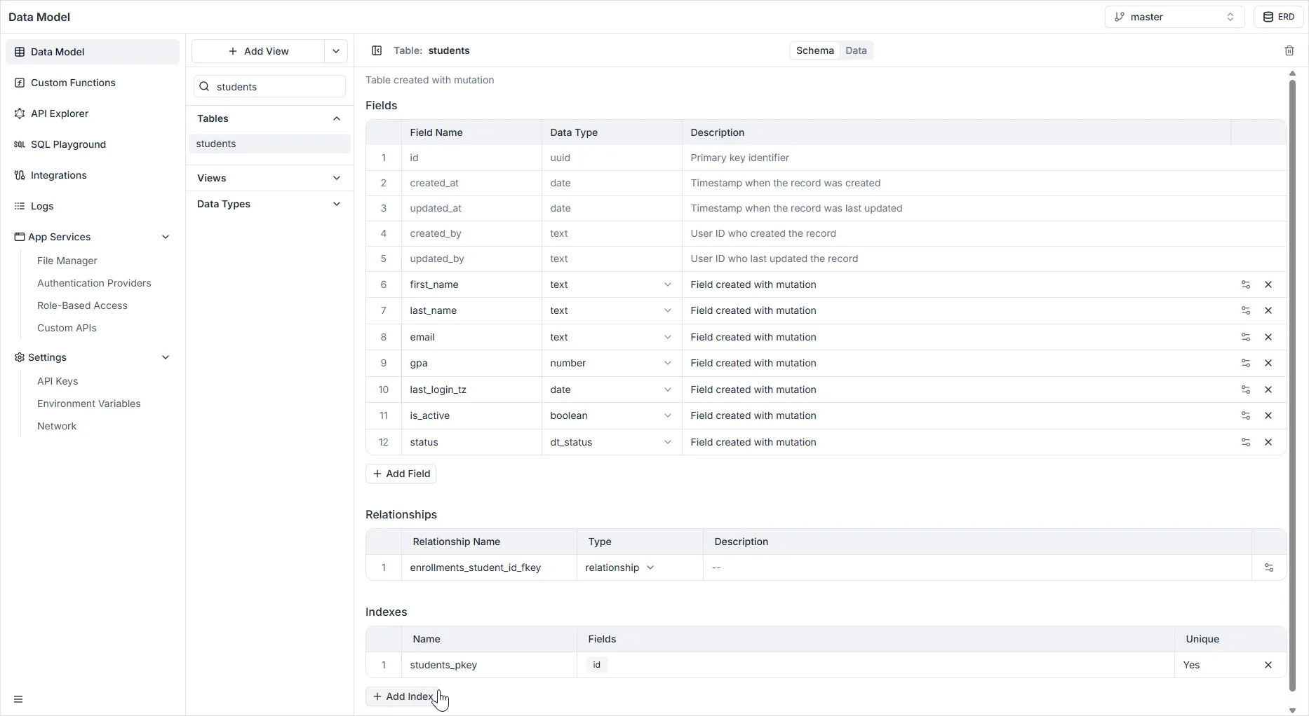 Add Index button in Table Settings