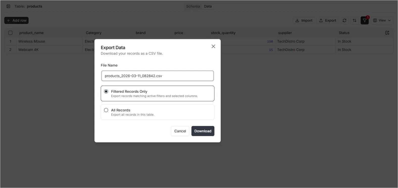 Select columns for export