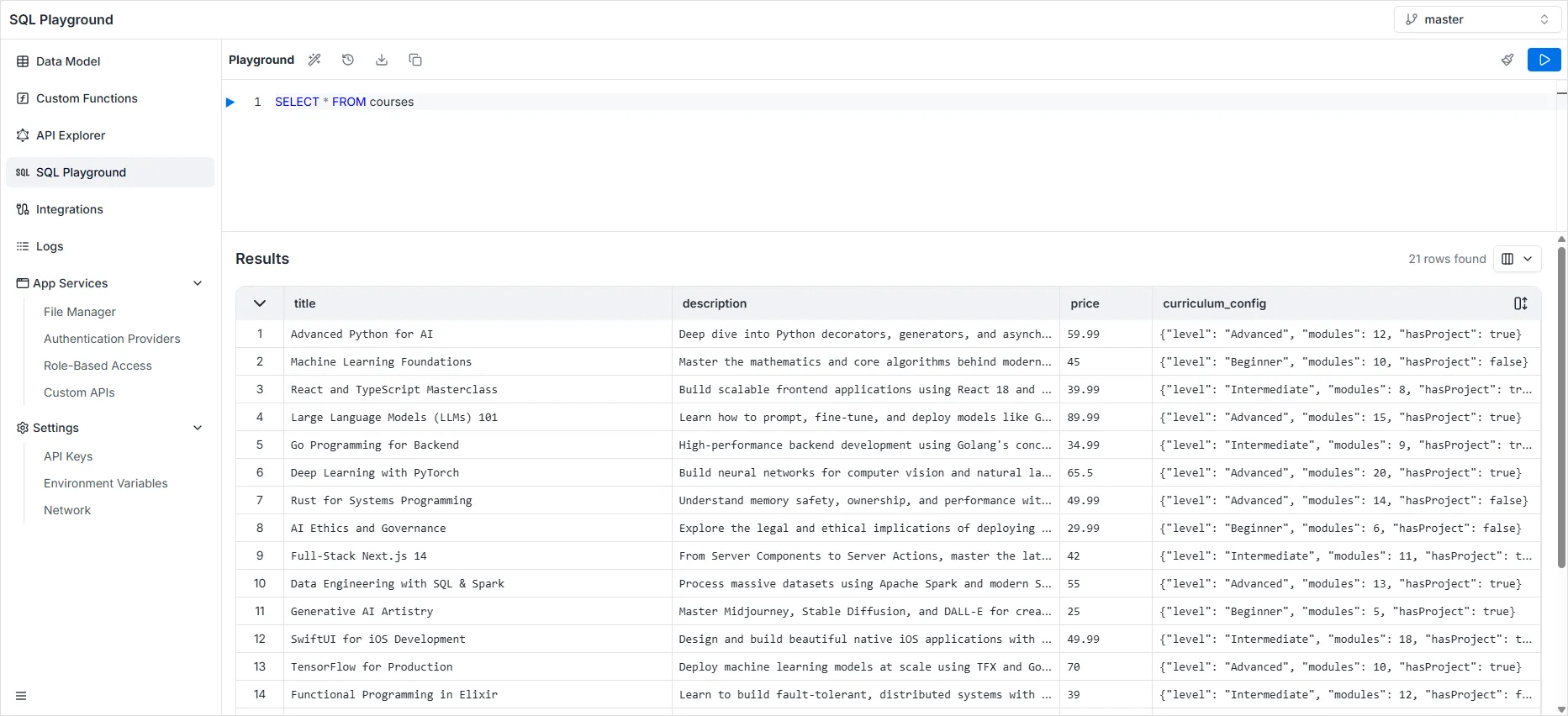 SQL Playground Results panel with data grid and column visibility